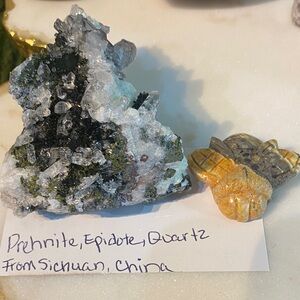 Reserved for @thegreenwitchco prehnite, epidote, quartz specimen. Bumblebee jasp